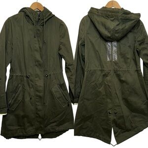 Dawn Levy Drawstring Rhinestone Hooded Utility Coat/Jacket Dark Olive Sz XS